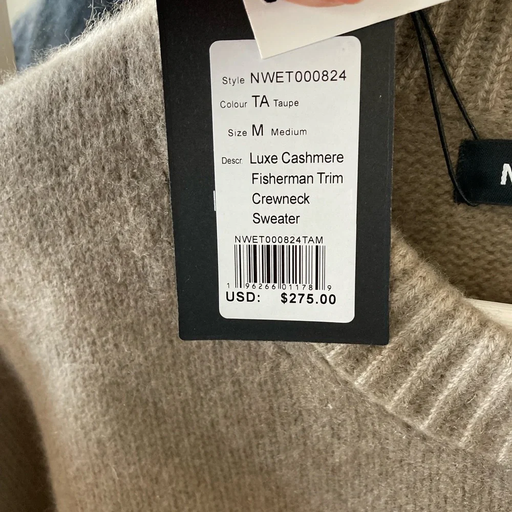 Naadam cashmere fisherman trim crew neck sweater taupe Sz m - Picture 3 of 11